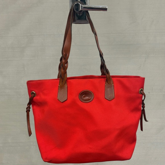 Dooney & Bourke Handbags - Dooney & Bourke Nylon Shopper Tote Bag Red Vacchetta Leather Trim Preppy Coastal